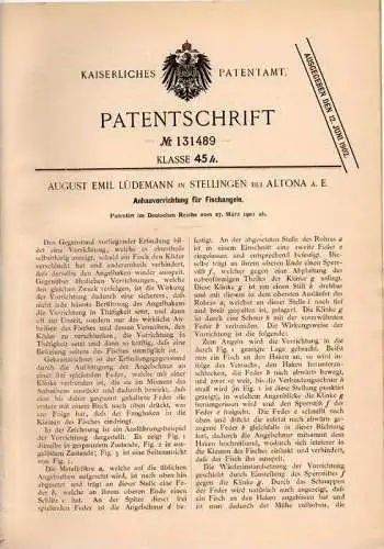 Original Patentschrift -A. Lüdemann in Stellingen b. Altona a.E.,1901,Anhauapparat für Angeln , Fisch , Angler , Hamburg