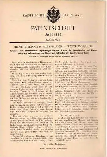 Original Patentschrift - H. Vieregge in Holthausen b. Plettenberg i.W. , 1899 , Verfahren zum Kaltschmieden , Schmied !!
