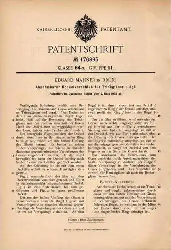 Original Patentschrift - E. Mahner in Brüx / Neustadt b. Coburg , 1905 , Deckelverschluß für Gläser , Glas !!!