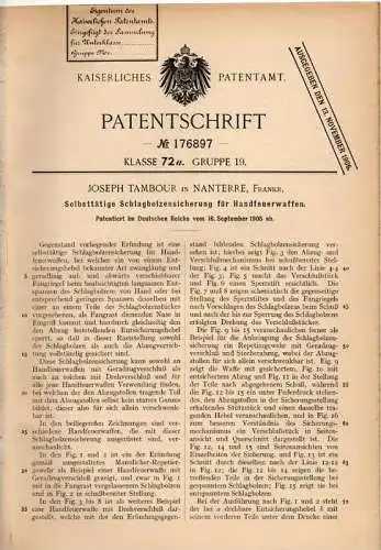 Original Patentschrift - J. Tambour in Nanterre , 1905 , Schlagbolzen - Sicherung für Pistole , Gewehr , Feuerwaffe !!!