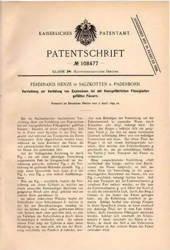 Original Patentschrift - F. Henze in Salzkotten b. Paderborn , 1899 , Explosionsverhütung bei feuergefährlichen Fässern