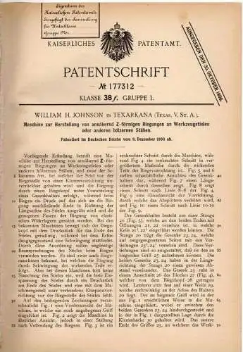 Original Patentschrift - W. Johnson in Texarkana , Texas , 1903 , Maschine für Werzeugstiele !!!