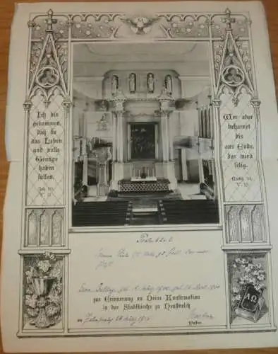 Inneres der Kirche Neustrelitz - 1900 - auf großer Urkunde zur Konfirmation v. Erna Belling , Mecklenburg !!