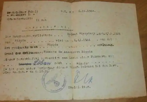 Marschbefehl Löbau / Grodden nach Rippin / Rypin bei Thorn , 1944 , Helmuth Wierutsch , Westpreußen , Mecklenburg !!