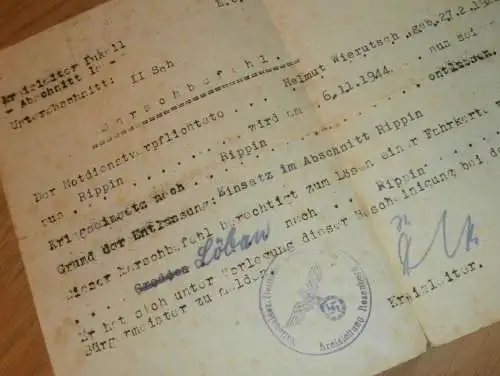 Marschbefehl Löbau / Grodden nach Rippin / Rypin bei Thorn , 1944 , Helmuth Wierutsch , Westpreußen , Mecklenburg !!