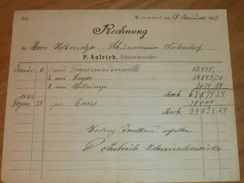 alte Rechnung - Schmiedemeister P. Aulrich , 1923 , Hofbesitzer Hans Schünemann in Weitendorf in Mecklenburg !!