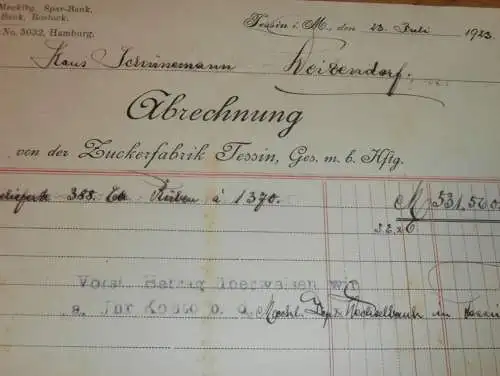 alte Rechnung - Zuckerfabrik Tessin in Mecklenburg , 1923 , Hans Schünemann in Weitendorf !!