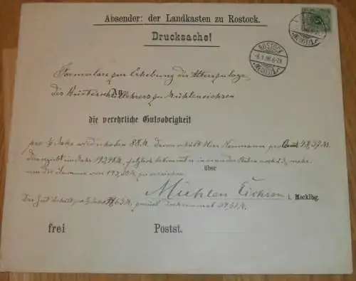 Bürgerschullehrer Neumann zu Mühlen Eichsen b. Gadebusch i. Mecklenburg , 1898 , alte Drucksache , Landkasten zu Rostock