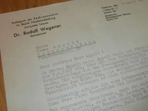 Rechtsanwalt - Dr. Rudolf Wegener in Teterow , 1961 , altes Schreiben , Neubrandenburg , Franz Appelt , Mecklenburg !!