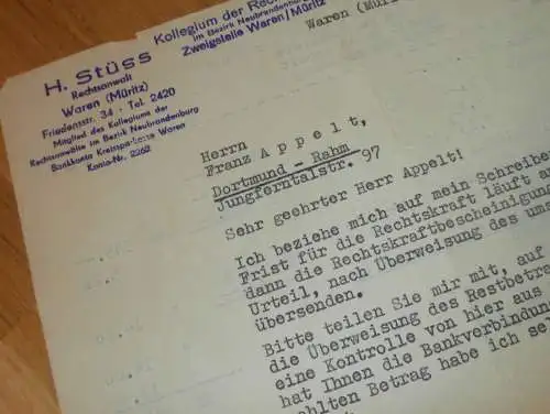 Rechtsanwalt - H. Stüss in Waren / Müritz , 1961 , altes 2-seitiges Schreiben , Franz Appelt , Mecklenburg !!