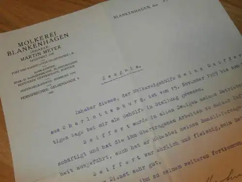 Molkerei - Blankenhagen b. Gelbensande i. Mecklenburg , 1930 , Martin Mayer - Molkereibesitzer , Zeugnis , RAR !!