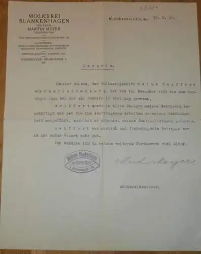 Molkerei - Blankenhagen b. Gelbensande i. Mecklenburg , 1930 , Martin Mayer - Molkereibesitzer , Zeugnis , RAR !!