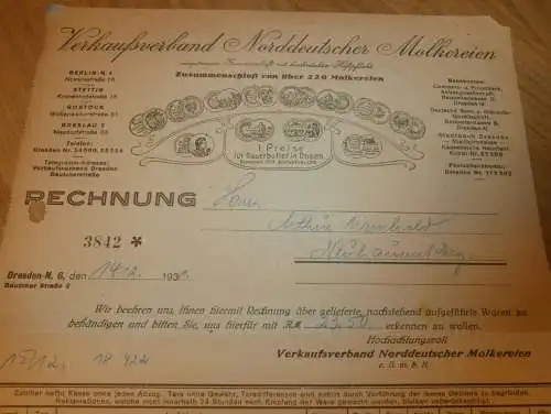 Norddeutsche Molkereien , 1932 ,alte Rechnung , Molkerei , Rostock , Stettin , Breslau , Berlin , Neuhausen Mecklenburg