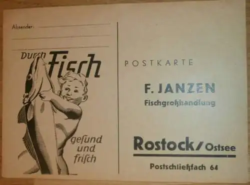 Fischhandel - F. Janzen in Rostock a. Ostsee , ca. 1940 , Fisch , Bestellkarte , Reklame / Werbung , Mecklenburg !!!