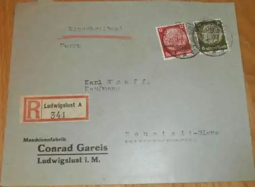 Maschinenfabrik - Conrad Gareis i. Ludwigslust , 1936 , Neustadt - Glewe, alter Briefumschlag , Reklame , Mecklenburg !
