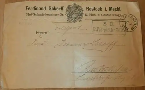 Hof-Schmiedemeister - Ferdinand Scherff in Rostock i.M. , Stempel , alter Briefumschlag , Reklame , Mecklenburg !
