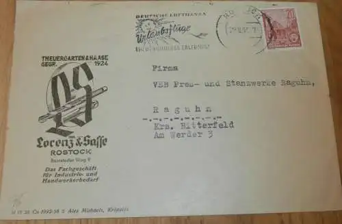 Lorenz & Sasse in Rostock i.M. , 1954 , Lufthansa - Stempel , alter Briefumschlag , Reklame , Mecklenburg !