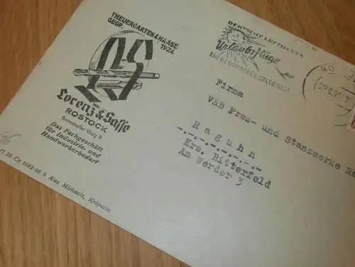 Lorenz & Sasse in Rostock i.M. , 1954 , Lufthansa - Stempel , alter Briefumschlag , Reklame , Mecklenburg !