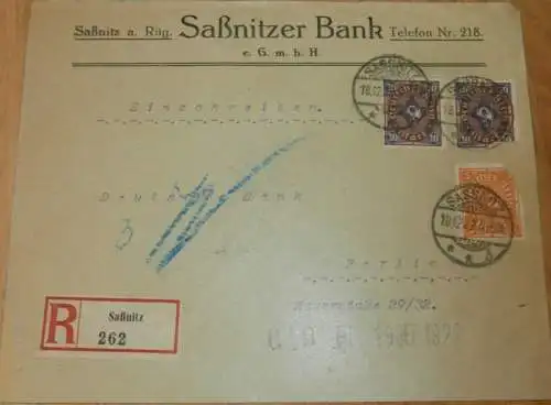 Saßnitzer Bank in Saßnitz a. Rügen , 1922 , Einschreiben , alter Briefumschlag , Reklame , Mecklenburg !