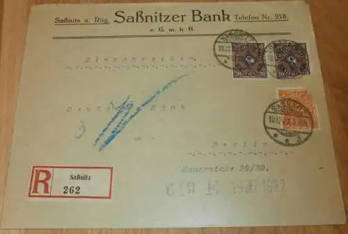 Saßnitzer Bank in Saßnitz a. Rügen , 1922 , Einschreiben , alter Briefumschlag , Reklame , Mecklenburg !