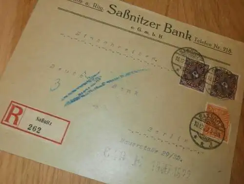 Saßnitzer Bank in Saßnitz a. Rügen , 1922 , Einschreiben , alter Briefumschlag , Reklame , Mecklenburg !