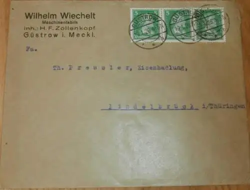Maschinenfabrik - Wilhelm Wiechelt / H. Zollenkopf in Güstrow i.M., 1928 , alter Briefumschlag , Reklame , Mecklenburg !