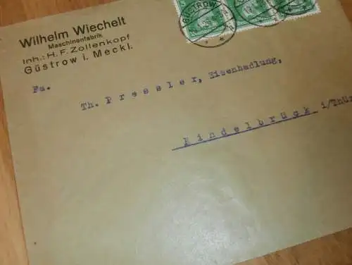 Maschinenfabrik - Wilhelm Wiechelt / H. Zollenkopf in Güstrow i.M., 1928 , alter Briefumschlag , Reklame , Mecklenburg !