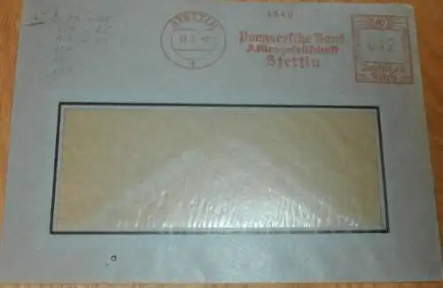 Pommersche Bank Stettin , 1940 , alter Briefumschlag , Stempel , Reklame , Bank , Pommern , Mecklenburg !!