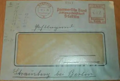Pommersche Bank Stettin , 1939 , alter Briefumschlag , Stempel , Reklame , Bank , Pommern , Mecklenburg !!
