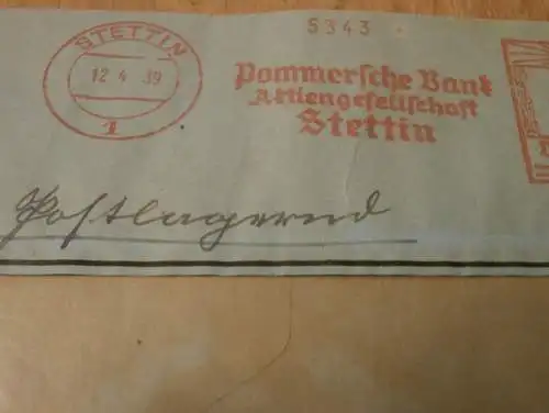 Pommersche Bank Stettin , 1939 , alter Briefumschlag , Stempel , Reklame , Bank , Pommern , Mecklenburg !!
