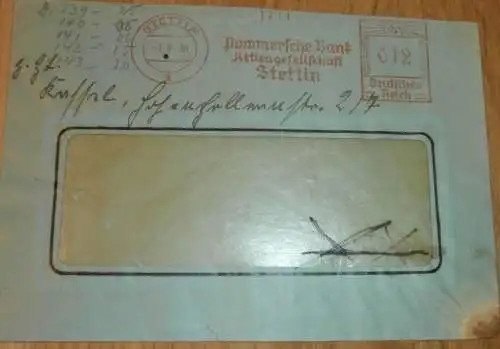 Pommersche Bank Stettin , 1938 , alter Briefumschlag , Stempel , Reklame , Bank , Pommern , Mecklenburg !!