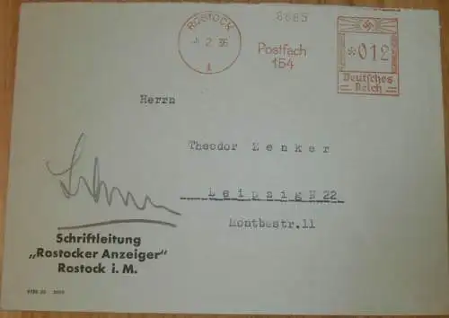 Schriftleitung " Rostocker Anzeiger " in Rostock i.M., 1936 , alter Briefumschlag , Stempel , Reklame , Mecklenburg !!