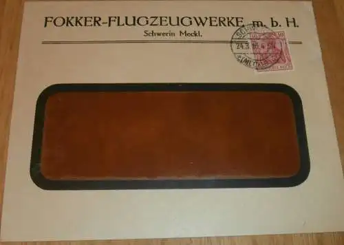 Fokker - Flugzeugwerke Schwerin i.M , 1916 , alter Briefumschlag , Flugzeuge , Mecklenburg , extrem RAR !!