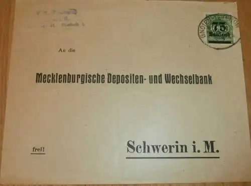 Mecklenburgische Depositen- und Wechselbank Schwerin i.M , ca. 1920 , alter Briefumschlag , Stempel , Bank , Mecklenburg