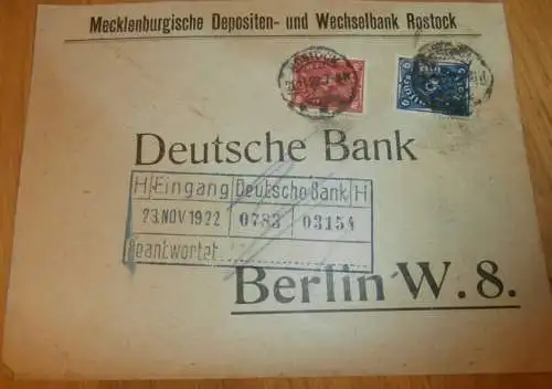 Mecklenburgische Depositen- und Wechselbank Rostock , 1922 , alter Briefumschlag , Stempel , Bank , Mecklenburg !!!