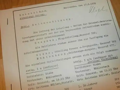 Heinkel Werke Rostock - Betriebs-Sport-Gemeinschaft , 1939 , Reitausbildung , Prospekt / Plan , Pferde ,  6 Seiten !!!