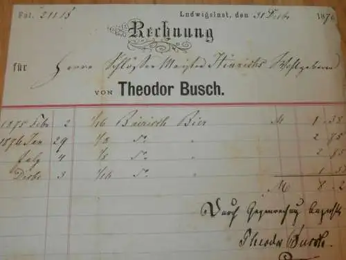Ludwigslust - Theodor Busch , 1876 , alte Rechnung , Mecklenburg !!