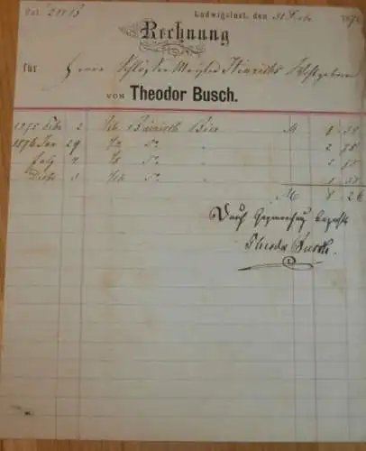 Ludwigslust - Theodor Busch , 1876 , alte Rechnung , Mecklenburg !!