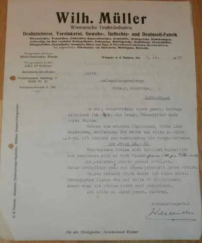 Drahtfabrik Wismar - Wilhelm Müller , 1929 , alte Rechnung , Mecklenburg !!