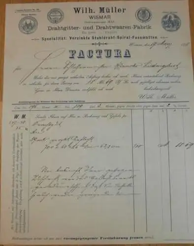Drahtfabrik in Wismar - Wilhelm Müller , 1898 , alte Rechnung , Mecklenburg !!