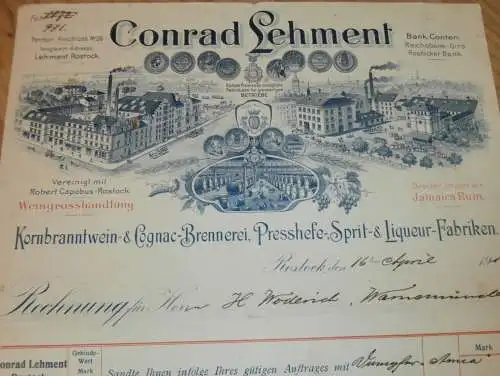 Brennerei - Conrad Lehment in Rostock i.M. , 1910 , Brauerei , alte Rechnung , Mecklenburg !!