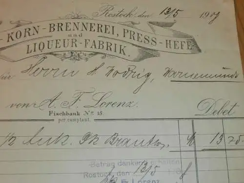 Brennerei A.F. Lorenz in Rostock , 1908 , Brauerei , alte Rechnung , Mecklenburg !!