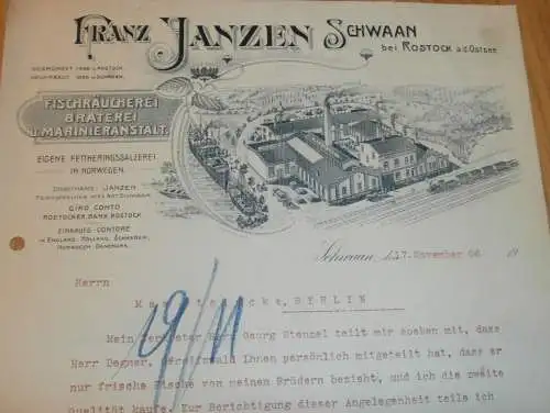 Fischräucherei Franz Janzen in Schwaan b. Rostock , 1906 , alte Rechnung , Fischfang , Fisch , Mecklenburg