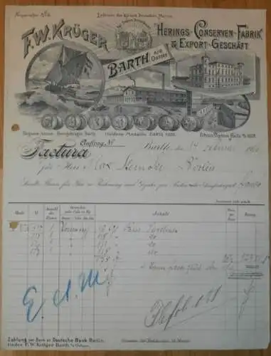 Herings-Conserven - F.W. Krüger in Barth , 1906 , Fisch , Fischfang , alte Rechnung , Mecklenburg
