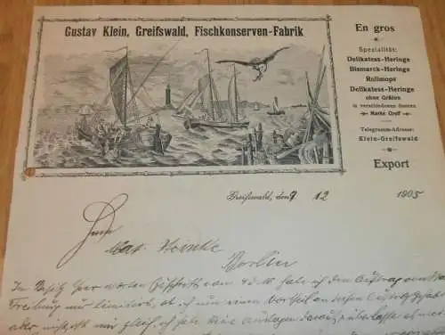 Fischkonserven-Fabrik G. Klein in Greifswald , 1905, alte Rechnung , Fisch , Fischfang , Mecklenburg !!