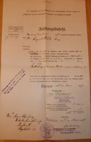 Zahlungsbefehl - Rostock 1929 , viele Stempel , Mecklenburg