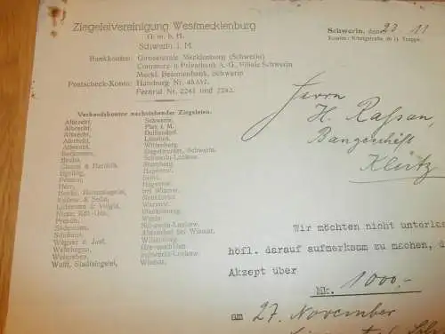 Ziegelei-Vereinigung Schwerin i.M. , 1929 , Klütz , Mecklenburg !!