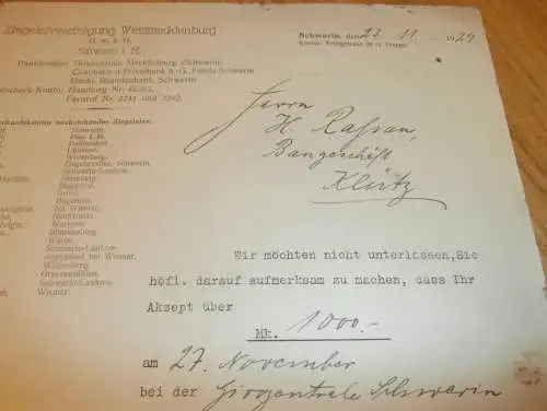 Ziegelei-Vereinigung Schwerin i.M. , 1929 , Klütz , Mecklenburg !!