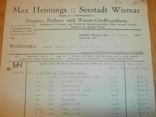 Drogen und Farben - Max Hennings in Wismar , 1939 , alte Rechnung , Mecklenburg