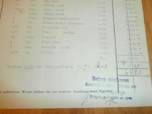 Drogen und Farben - Max Hennings in Wismar , 1939 , alte Rechnung , Mecklenburg
